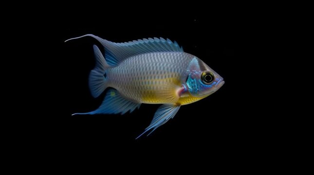 Stunning close-up of a vibrant turquoise and yellow African cichlid fish swimming gracefully against a stark black background showcasing its intricate scales and captivating beauty