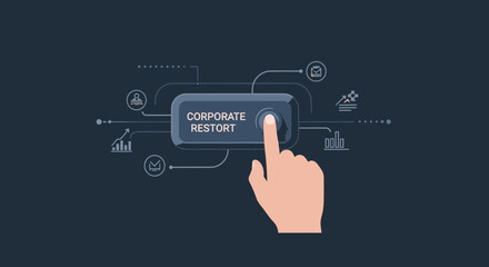 Hand presses button labeled 'Corporate Restort' with digital icons and charts in background