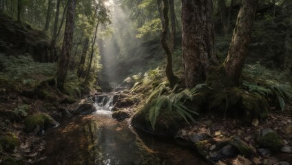 Obraz premium Sunbeams Illuminate a Serene Stream in a Lush Mossy Forest.
