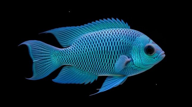 Stunning close-up of a vibrant turquoise jewel cichlid fish swimming gracefully against a stark black background showcasing its intricate scale patterns and captivating aquatic beauty