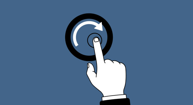 Close-up of a finger tapping a circular button with a rotating arrow, symbolizing action and selection.