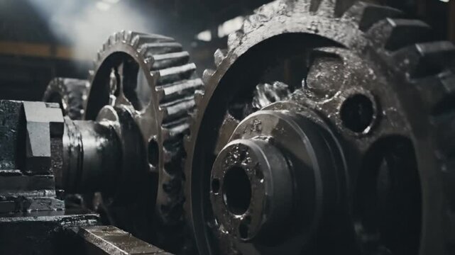 Industrial machinery gears in motion, interlocking metal cogs in a factory setting viewed from a close-up perspective.