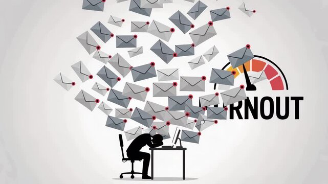 Overwhelmed and Burned Out: A visual representation of stress and exhaustion, with a figure slumped at a desk under a deluge of emails, the burnout meter soaring.