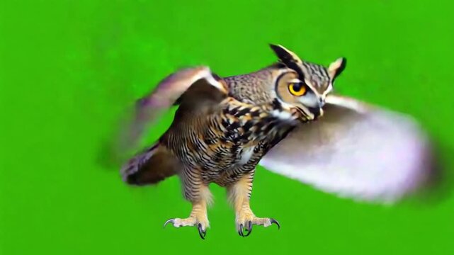 Great Horned Owl takes flight on green screen, wings flapping
