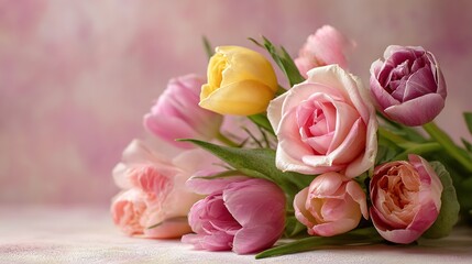 Fototapeta premium Bouquet of tulips and rose on a pink background