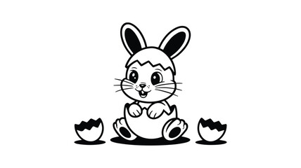 Obraz premium Linear art of small baby rabbit hatching from cracked easter egg shell in coloring style