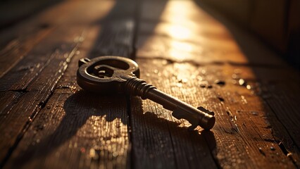 Classic Antique Metal Key on Old Wooden Table with Sunlight