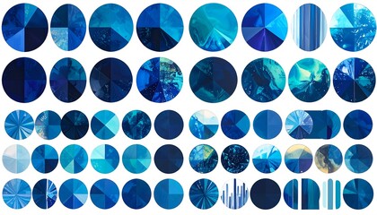 Fototapeta premium Collection of various circular elements, predominantly blue, displaying varied textures & patterns