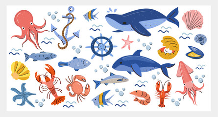 Cute ocean animals and nautical elements clipart set: whales, dolphin, octopus, squid, fish, crab, lobster, shrimp, shells, anchor, ship wheel, bubbles and waves. Flat vector illustration