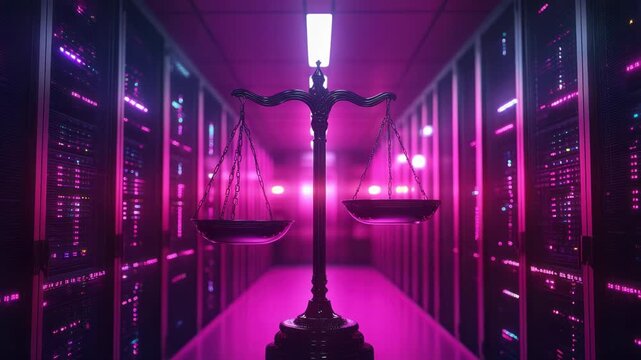 A scale of justice stands in a server room bathed in pink and purple neon lights
