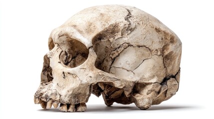 Fototapeta premium A weathered, ancient human skull, viewed in profile against a stark white background, showcasing detailed bone structure and minor surface damage