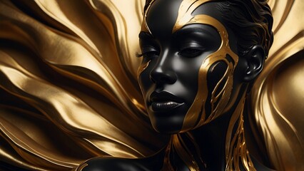Aesthetic Portrait of a Matte Black Woman with Luxurious Liquid Gold Flow Ornaments