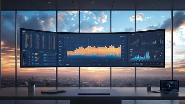 A modern office boasts panoramic city view with a curved screen showcasing charts and graphs