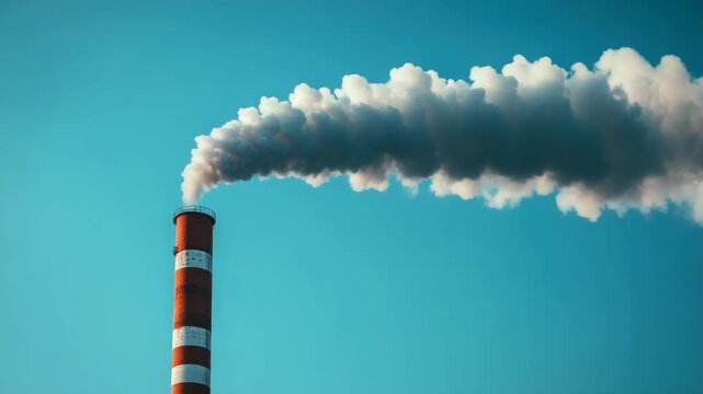 A red and white striped smokestack emits white smoke into a clear, bright, blue sky