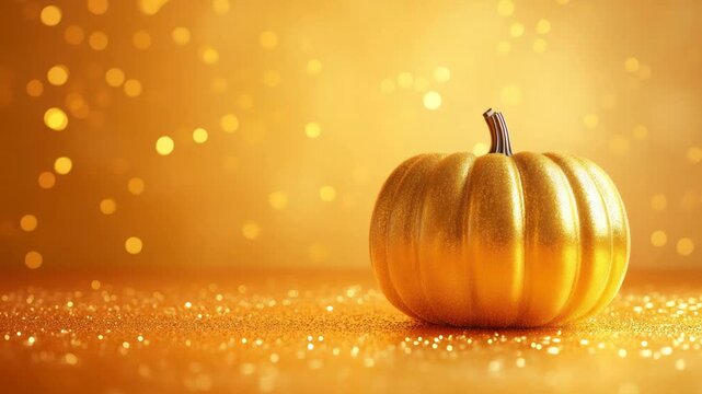 A golden pumpkin with stem sits on sparkling surface; warm bokeh background