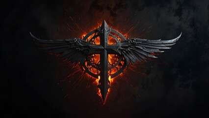 Fiery Cross Symbol with Black Wings and Dark Metal Ornament in Dark Fantasy Style