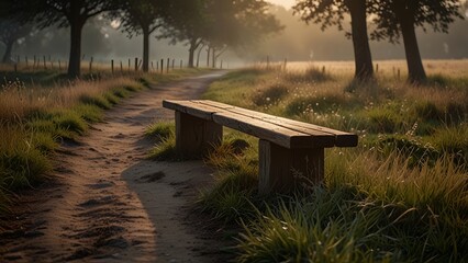 Wooden Bench on a Countryside Path