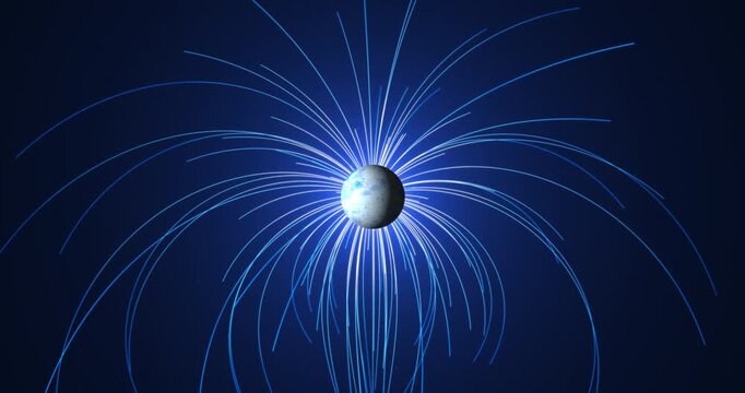 The luminous planet rotates in outer space, and the magnetic field lines diverge from it in dynamic streams, creating the effect of powerful energy radiation that fills the stage with movement.