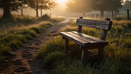 Empty Wooden Bench Beside a Country Path at Sunrise