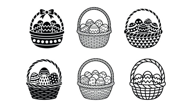 Collection of easter baskets filled with decorated eggs, perfect for holiday greetings