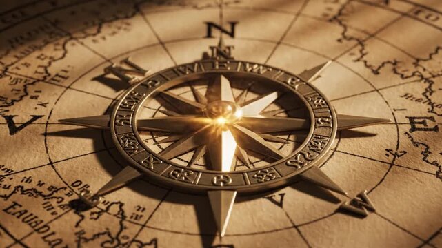 Vintage compass on an old map, navigation tool, adventure, travel, direction, guidance