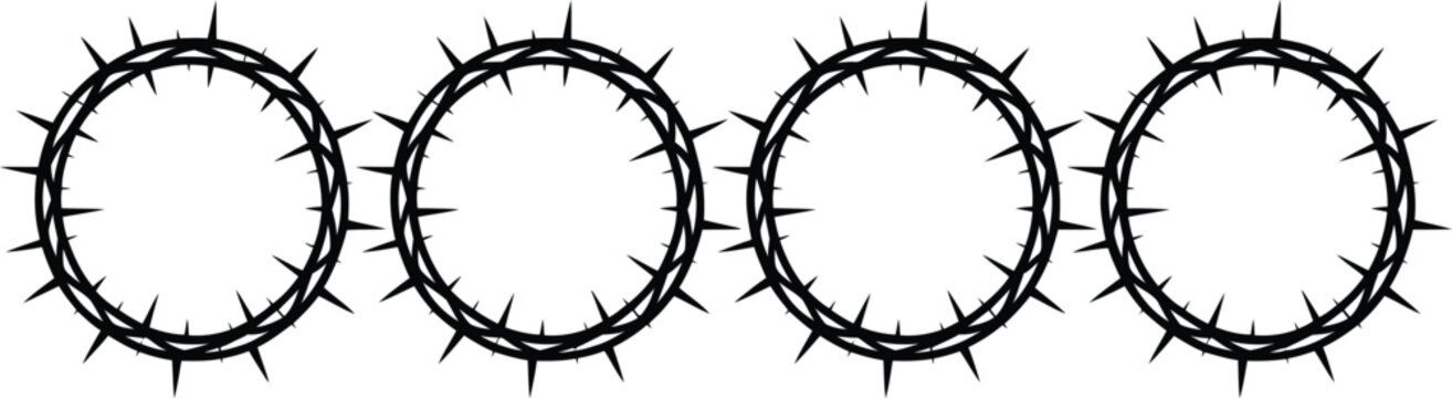 Set of four black crown of thorns wreaths isolated on white background symbol of lent easter and religious passion of christ.