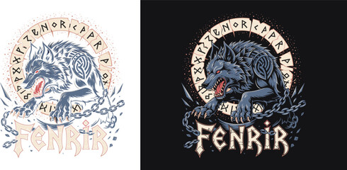 Naklejka premium Mythical Fenrir Wolf Norse Runic Illustration, Viking Giant Wolf Mascot Flat Vector Design