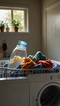 Vertical banner, wallpaper for social media of point-of-view POV shot from inside a top-loading washing machine, looking outward through the open lid. The interior drum is scattered with unwashed