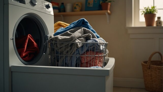 a point-of-view POV shot from inside a top-loading washing machine, looking outward through the open lid. The interior drum is scattered with unwashed clothessocks, t-shirts, and towels crumpled