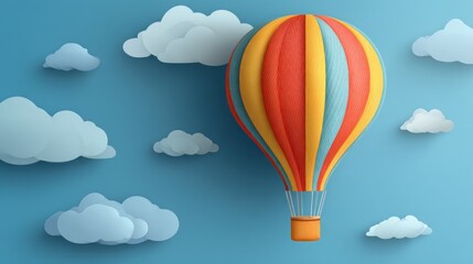 Obraz premium Colorful hot air balloon floats amidst fluffy white clouds on a light blue sky