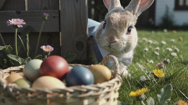 Bunny with Easter eggs in a garden near flowers and wooden crates during springtime celebrations. Concept of Easter