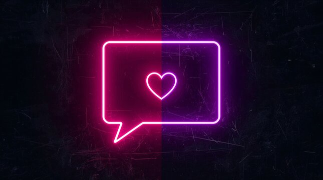 a surreal and vibrant cinematic photo of a speech bubble with a small heart inside, featuring soft neon pink on the left that fades smoothly into neon purple on the right, rendered in consistent
