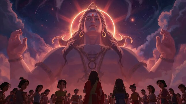 artwork of Mahadev towering sky-high, with an imposing presence, while multiple small devotees stand below with folded hands, their faces filled with devotion and adoration, their skin tones varied,