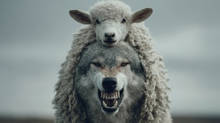 Obraz premium Metaphorical illustration of a snarling wolf wearing a sheeps wool pelt