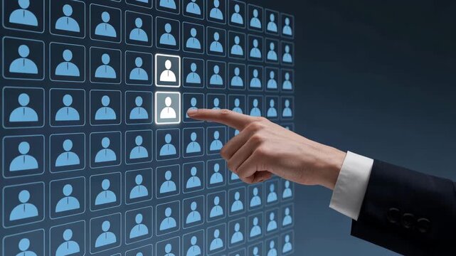 Choice & Selection in Focus: A hand selects a specific individual from a digital grid of potential candidates.