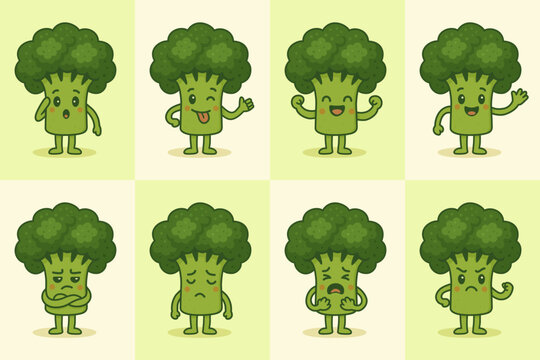Set of cute cartoon broccoli characters showing different emotions. Funny vegetable stickers, vector illustration for kids, emoji pack, healthy food icons.