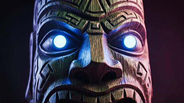 Mysterious Tiki Mask with Glowing Eyes - A Captivating Close-Up.