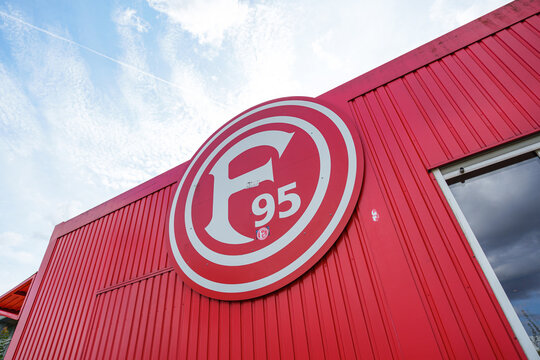 Fortuna 95 football club emblem displayed on exterior wall of sports club facility in Flingern district of Dusseldorf