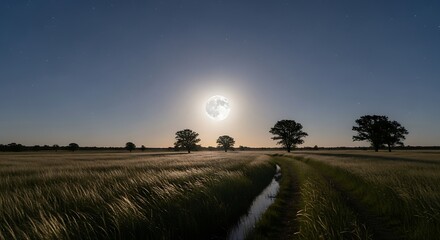 Fototapeta premium Tranquil field landscape with trees and sunlight natural environment backdrop