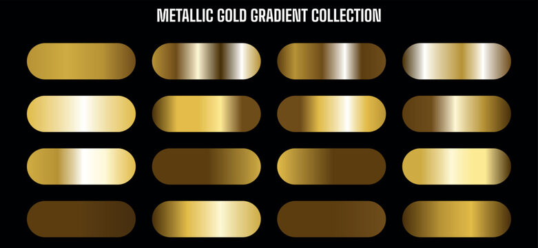 Metallic gold gradient swatches collection, shiny gold color palette, for design or branding, Isolated on transparent background, png