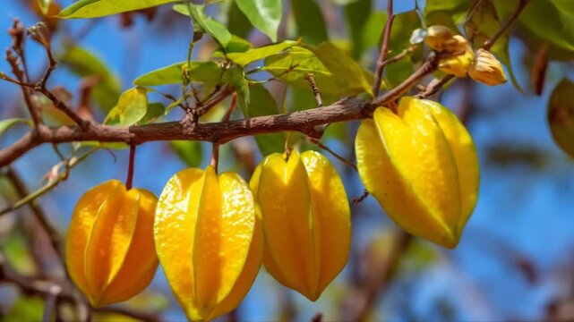 Vibrant ripe yellow starfruits (carambola) growing on a tree branch in a tropical garden under a clear blue sky.
