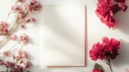 Feminine Greeting Card Mockup with Red and Pink Flowers on White Background, Soft Natural Light