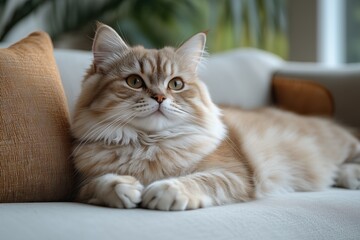 Fluffy Ginger Cat Resting on Sofa in Cozy Home Interior with Natural Light and Calm Mood