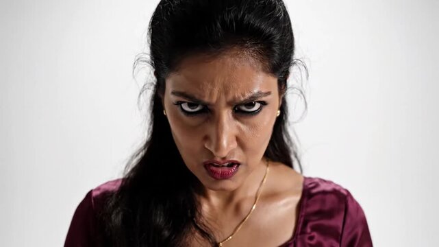 A woman with an angry expression on her face in a video about emotions