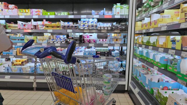 Dijon, France - February 21, 2026: Young man placing bottled water, potatoes, yogurt, cheese, and fruit into a shopping cart at an Aldi supermarket.