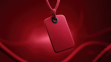 Fototapeta premium Red rectangular tag hangs from red cord against red backdrop