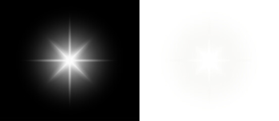 Star white glow sparkle light on elegant silver abstract background with shining beam flare burst glitter magic rays isolated on transparent dark scene. © AzeritCristal