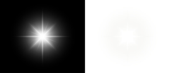 Glow white sparkle star light on silver festive background with bright shine beam flare burst magic glitter rays isolated on black transparent backdrop. © AzeritCristal