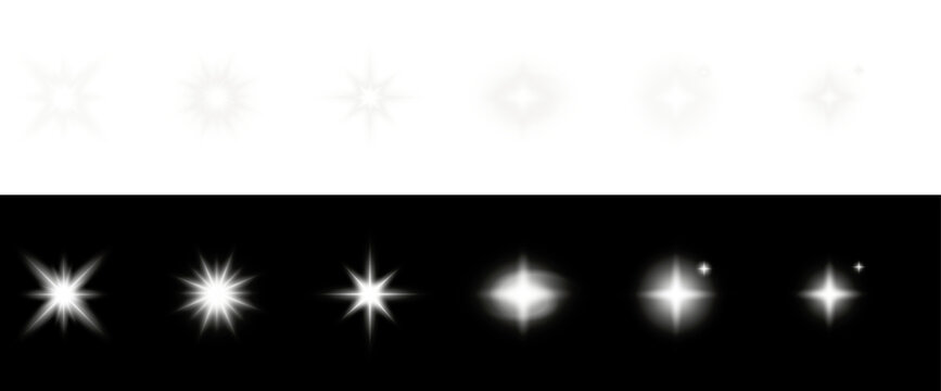 White star sparkle glow light on silver abstract festive background with bright shining beam flare burst glitter magic rays isolated on black transparent backdrop.