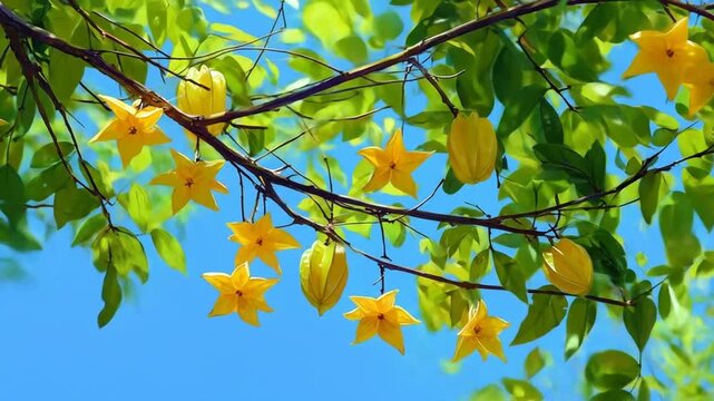 Vibrant yellow star fruit (carambola) ripening on a tree branch against a bright blue sky. Fresh tropical healthy food.